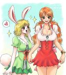  2girls animal_ears artist_name back_bow bangle blonde_hair blush bow bracelet breasts brown_eyes carrot_(one_piece) collarbone commentary cowboy_shot cross-laced_clothes cross-laced_skirt dress english_commentary frilled_shirt frills german_clothes greciiagzz green_dress heart highres jewelry large_breasts long_hair looking_at_another low_twintails miniskirt multiple_girls nami_(one_piece) official_alternate_costume one_piece open_mouth orange_hair pink_bow rabbit_ears rabbit_girl rabbit_tail red_skirt shirt short_hair short_sleeves single_sidelock skirt sparkle spoken_heart tail twintails white_shirt 