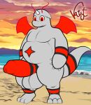 anthro arm_markings balls beach_background belly belly_markings big_balls big_penis detailed_background dragonite erection generation_1_pokemon genital_markings genitals hi_res huge_balls male markings nintendo nude overweight overweight_anthro overweight_male penis penis_markings pokemon pokemon_(species) rutherford_(tkongingi) signature solo tail tail_markings thick_penis tight_balls tkongingi