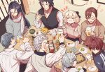  >_< 1girl 6+boys ahoge beer_mug black_hair blonde_hair brown_hair casual commentary cup eating fate/grand_order fate_(series) food french_fries from_above glasses grey_hair harada_sanosuke_(fate) hijikata_toshizou_(fate) hood hoodie jacket kak_hac kondou_isami_(fate) long_hair mug multiple_boys nagakura_shinpachi_(fate) okita_souji_(fate) party saitou_hajime_(fate) scar scar_on_cheek scar_on_face scarf shinsengumi_(fate) sweater symbol-only_commentary takuan toudou_heisuke_(fate) track_jacket vest white_hair yamanami_keisuke_(fate) 