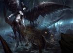  anthro cleavage clothed clothing daarken feathers female flying front_view hybrid magic_the_gathering night nude official_art raining rock sea ship shipwreck silhouette siren solo storm water wings 