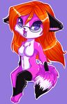  aimi canine chibi cute ear_piercing eyewear female fox fox_goddess fur glasses mammal multiple_piercings nude piercing plain_background purple_background purple_fur smile solo 