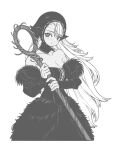  1girl absurdres alternate_breast_size_(larger) bare_shoulders breasts cleavage closed_mouth cowboy_shot denovo320 detached_hood detached_sleeves dress dungeon_meshi ear_covers greyscale highres holding holding_staff large_breasts long_hair long_sleeves looking_at_viewer marcille_donato marcille_donato_(lord) monochrome simple_background solo staff standing white_background 