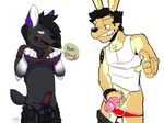  2014 blush canine clothing coyote cum duo ear_piercing erection fvorte fvorte_(character) gay lagomorph male mammal navel nipples penis piercing plain_background precum presenting rabbit underwear zawmg 