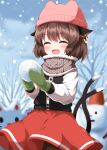  1girl :d ^_^ animal_ear_piercing animal_ears animal_hat black_pantyhose black_vest blush brown_hair brown_scarf cat_ears cat_girl cat_hat cat_tail chen closed_eyes commentary cowboy_shot day earrings fur-trimmed_scarf fur_trim green_mittens hat highres holding holding_snowball jewelry long_sleeves mittens multiple_tails open_mouth outdoors pantyhose pink_hat red_skirt ruu_(tksymkw) scarf shirt short_hair single_earring skirt smile snowball snowing snowman solo tail touhou two_tails vest white_shirt winter 