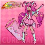  1girl bike_shorts boots bow character_name choker commentary copyright_logo cure_happy english_commentary full_body hammer head_wings highres holding holding_hammer hoshizora_miyuki jewelry logo long_hair magical_girl open_mouth pink_bow pink_choker pink_eyes pink_hair pink_skirt pink_theme precure shorts skirt smile smile_precure! solo standing tiara twintails wings wrist_cuffs zimternet 