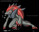  2011 audie-gryph black_background blue_eyes cum cum_on_ground electrostimulation english_text grey_skin japanese_text male nintendo penis plain_background pok&eacute;mon rubber_suit solo tapering_penis text video_games zoroark 