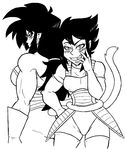  armor black_and_white blush dragon_ball dragon_ball_z duo fan_character fangs female fingerless_gloves gloves humanoid looking_at_viewer looking_back monochrome muscles plagueofgripes ponytail saiyan 