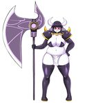  armor axe black_hair bovine cattle cleavage clothed clothing cowra female hair horn looking_at_viewer mammal muridae navel red_eyes solo sorcerland thick_thighs weapon 
