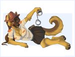  2014 anthro anyare canine clothed clothing cuffs dog female german_shepherd handcuffs hat law_enforcement looking_at_viewer mammal pinup pose shackles sheriff skimpy solo uniform 