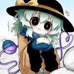  1girl bags_under_eyes beanie black_eyes black_hat blue_gloves blue_scarf bow buttons diamond_button eyeball frilled_shirt_collar frilled_sleeves frills gloves green_hair hat hat_bow hat_ribbon heart heart_of_string heripantomorrow holding holding_snowball komeiji_koishi ribbon scarf shirt snow snow_rabbit snowball snowman third_eye touhou translated white_background wide_sleeves winter_clothes yellow_bow yellow_ribbon yellow_shirt 