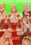  1boy 5girls aqua_eyes aqua_hair aqua_necktie black_hairband black_sailor_collar black_shirt black_shorts black_socks blonde_hair bow_hairband bowl braid carrot chopsticks collared_shirt commentary drink_carton eating english_commentary food goggles goggles_on_head green_background green_hair grey_eyes grey_hair grey_shirt gumi hair_ornament hairband hatsune_miku highres holding holding_bowl holding_chopsticks holding_food holding_juice_box ia_(vocaloid) instant_cup_noodles instant_noodles juice_box kagamine_len kagamine_rin kneehighs long_hair looking_at_viewer medium_hair megurine_luka multiple_girls neckerchief necktie off-shoulder_shirt off_shoulder oisiiidoo open_mouth orange_eyes pink_hair sailor_collar school_uniform serafuku shirt shoes short_hair shorts sitting sleeveless sleeveless_shirt socks twin_braids twintails vocaloid white_hairband white_shirt white_shoes white_shorts yellow_neckerchief 
