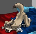 1_missing_limb animate_inanimate anthro ass_up barely_visible_breasts bed bedding bedroom blanket breasts canid canine detailed_background ear_piercing ear_ring female female_anthro fennec_fox fennecfaux fox furniture hi_res living_plushie lying mammal nude nude_anthro nude_female on_front open_mouth ouch pain pained_expression pained_look piercing pillow plush_stuffing plushie ring_piercing solo torn_arm true_fox wounded