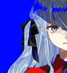  1girl angry bang_dream! bang_dream!_it's_mygo!!!!! black_ribbon blue_background blue_hair frown furrowed_brow hair_ribbon hashtag-only_commentary long_hair looking_at_viewer oblivionis_(bang_dream!) parted_lips portrait ribbon risheng sidelocks simple_background solo togawa_sakiko yellow_eyes 