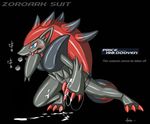  2011 audie-gryph black_background blue_eyes cum cum_on_ground cum_on_self electrostimulation english_text grey_skin japanese_text male nintendo penis plain_background pok&eacute;mon rubber_suit solo tapering_penis text video_games zoroark 