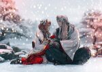  1boy 1girl aerith_gainsborough aerith_gainsborough_(festive_crimson_attire) black_hakama black_socks boots bridal_gauntlets brown_gloves brown_hair commentary dated final_fantasy final_fantasy_vii final_fantasy_vii:_ever_crisis flower frilled_kimono frills full_body fur-trimmed_kimono fur_trim gloves gold_trim green_eyes grey_hair hair_bun hair_flower hair_ornament hair_over_shoulder hair_stick hair_tie hakama hetero holding holding_flower indian_style japanese_clothes kay-i kimono long_hair looking_at_another low_ponytail official_alternate_costume official_alternate_hairstyle open_clothes open_kimono outdoors parted_bangs pectorals ponytail red_flower red_trim sandals sephiroth sephiroth_(one_with_the_blade) sidelocks sitting snowing socks symbol-only_commentary tassel tassel_hair_ornament twitter_username updo white_flower white_kimono wide_sleeves winter 