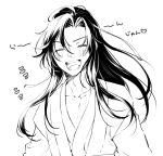  1boy :d ^_^ ahoge blush chinese_clothes closed_eyes collarbone commentary_request facing_viewer greyscale hair_ribbon hanfu heart kabe_bo long_hair male_focus modao_zushi monochrome open_mouth pectoral_cleavage pectorals ponytail ribbon robe sidelocks simple_background smile solo upper_body wei_wuxian white_background 
