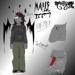 alternative_fashion animal_genitalia animal_penis anthro bodily_fluids butt canid canine canine_genitalia canine_penis canis cigarette cum cum_drip demon dripping emo facial_tattoo genital_fluids genitals gynomorph hand_tattoo hi_res highlights_(coloring) hybrid intersex mammal maple_(merchwynn) merchwynn model_sheet penis scar self-harm_scars smoking smoking_cigarette solo standing tattoo trans_(lore) trans_woman_(lore) wolf