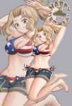  1girl absurdres amanone_yun american_flag american_flag_bikini american_flag_print armpits belt bikini blonde_hair blue_eyes blue_shorts blush breasts cleavage collarbone commentary_request flag_print flag_print_bikini girls_und_panzer grey_background grin highres kay_(girls_und_panzer) large_breasts long_hair looking_at_viewer multiple_views navel open_clothes open_shorts ponytail print_bikini rainbow_belt shorts side-tie_bikini_bottom simple_background smile swimsuit 