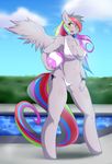  anthro ball beach_ball big_breasts bikini blush breasts clothing cutie_mark equine fan_character feathers female fur grey_fur hair heterochromia hi_res long_hair looking_at_viewer mammal mleonheart multicolored_hair my_little_pony navel open_mouth outside pegasus smile solo standing swimming_pool swimsuit wings 
