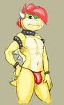  abs bowser bracelet bulge clothed clothing collar girly hair half-dressed jewelry koopa male mario_bros muscles navel nintendo penis plain_background ragemachine scalie solo speedo spikes swimsuit topless video_games 