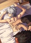  2boys animal_ears back black_hair commentary dog_boy dog_ears english_commentary from_above grey_hair highres komano_manato male_focus massage multicolored_hair multiple_boys muscular muscular_female on_bed red_hair scar scar_on_arm shoucchi96 size_difference watermark wise_(zenless_zone_zero) zenless_zone_zero 
