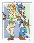  2girls black_eyes blonde_hair blue_theme breasts brown_gloves brown_shoes brown_shorts camisole cleavage commentary_request creator_connection crossover curly_hair daisy_(dq) dragon_ball dragon_ball_(classic) dragon_quest dragon_quest_yuusha_abel_densetsu fake_horns gloves green_camisole green_eyes green_socks grin gun hairband helmet highres holding holding_gun holding_weapon horned_helmet horns long_hair loose_socks lunch_(bad)_(dragon_ball) lunch_(dragon_ball) medium_breasts multiple_girls orange_hair red_hairband shoes short_shorts shorts signature smile socks sword trigger_discipline weapon yusuke_chun 