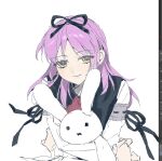  1girl ascot asprosgy black_ribbon curtained_hair eiyuu_densetsu gothic_lolita hair_between_eyes hair_ribbon highres light_smile lolita_fashion looking_at_viewer necktie parted_bangs plaid_clothes plaid_necktie purple_hair red_ascot renne_(eiyuu_densetsu) ribbon simple_background sora_no_kiseki stuffed_animal stuffed_rabbit stuffed_toy yellow_eyes 