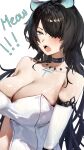  1girl absurdres animal_ears bare_shoulders black_hair blue_eyes blush breasts cleavage collar commentary english_commentary english_text erina_makina fangs hair_over_one_eye highres large_breasts long_hair mn374390 open_mouth phase_connect prosthesis prosthetic_arm shiny_skin tiger_ears tiger_girl virtual_youtuber white_background 