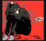  2girls aged_down black_border black_hair black_shirt blood blood_on_clothes blood_on_face blood_on_hands border cigarette cigarette_pack dihui_star g7cdpdto2i6hot6 hand_in_own_hair holding holding_cigarette_pack hugging_own_legs knees_up limbus_company long_hair looking_at_another multiple_girls offering_hand pants project_moon red_background red_eyes red_theme ryoshu_(project_moon) shirt shoes sitting smoke white_shoes 