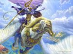  anthro architecture archon armor bovine cape dutch_angle faceless feral flying high-angle_shot holding_weapon hooves horn humanoid landscape magic_the_gathering male mammal matt_stewart official_art polearm quadruped riding shield sky spear star weapon wings 
