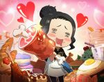  1girl absurdres bag baguette black_bulls_(emblem) black_capelet black_clover black_clover_m:_rise_of_the_wizard_king black_pants blue_bag blush_stickers boned_meat bread burger capelet charmy_pappitson chibi cupcake drinking_straw drooling food fried_egg fruit heart highres holding holding_food macaron meat mouth_drool non-web_source official_art open_mouth pants shirt shoulder_bag solo sparkle strawberry white_shirt 