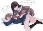  2girls absurdres ass bang_dream! bang_dream!_it's_mygo!!!!! bent_over black_hair black_socks blue_shirt blue_skirt breast_press breasts brown_hair brown_shirt brown_skirt chinese_text closed_eyes closed_mouth clothed_sex da_ge_xiao_xian fingering furrowed_brow hanasakigawa_school_uniform highres hugging_object kneehighs large_breasts long_hair long_sleeves looking_at_another lying middle_part miniskirt mole mole_under_eye multiple_girls nagasaki_soyo neck_ribbon on_stomach open_mouth parted_bangs pillow pillow_hug pleated_skirt profile purple_eyes red_ribbon ribbon sailor_collar school_uniform shiina_taki shirt simple_background skirt skirt_set socks speech_bubble spread_legs straight_hair translation_request tsukinomori_school_uniform twitching white_background white_sailor_collar winter_uniform yuri 