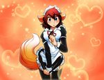  &lt;3 5_fingers abstract_background anthro blue_eyes blush breasts canine clothed clothing dress female fox hair human hybrid legwear maid_uniform mammal red_hair rieko_(yosh) skirt solo stockings tom_fischbach yosh! 