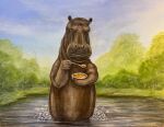 acrylic_painting_(artwork) ambiguous_gender body_of_water brown_body common_hippopotamus creme_brulee cutlery feral forest hippopotamid kitchen_utensils mammal outside painting_(artwork) plant pond sky solo spoon tools traditional_media_(artwork) traditional_painting_(artwork) travis_chapman tree water