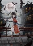  1girl absurdres architecture bird black_hair chinese_clothes east_asian_architecture full_moon heaven_burns_red highres holding holding_sword holding_weapon li_yingxia moon red_eyes rickey_d sword thighhighs weapon 
