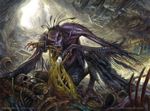  armor avian bone cave corpse dead feathers female harpy hybrid magic_the_gathering matt_stewart nude official_art rot sharp_teeth solo talons teeth winged_arms wings 