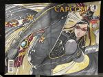  1girl ankle_gun bayonetta bayonetta_(series) bayonetta_1 black_bodysuit black_hair black_hat bodysuit breasts glasses godtail gun hashtag-only_commentary hat holding holding_gun holding_weapon kicking large_breasts photo_(medium) solo traditional_media weapon 