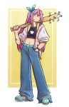  1girl absurdres alternate_costume artist_name aubrey_(faraway)_(omori) aubrey_(omori) bandaid bandaid_on_arm baseball_bat blue_eyes blue_hairband blue_pants closed_mouth commentary crop_top double-parted_bangs drysharpie english_commentary full_body hair_between_eyes hairband hand_in_pocket highres holding holding_baseball_bat jacket long_hair looking_at_viewer nail_(hardware) nail_bat navel omori open_clothes open_jacket pants pink_hair shoes short-sleeved_jacket short_sleeves sidelocks sneakers solo sweatpants watch white_jacket wristwatch 