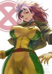  1girl bodysuit breasts brown_hair commentary_request covered_nipples cowboy_shot ema_(emaura) green_bodysuit green_eyes green_jacket grey_hair highres jacket large_breasts marvel multicolored_hair open_clothes open_jacket rogue_(x-men) solo two-tone_hair white_background x-men x-men_(1992_video_game) yellow_bodysuit 