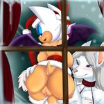  2014 anthro anus bat big_breasts big_butt blue_eyes blush breasts butt butt_grab canine christmas duo female grin hair hand_on_butt hat holidays lesbian mammal pinkthehedgehog2 presenting pussy pussy_juice raised_tail rav rouge_the_bat santa_hat sega sonic_(series) spreading teeth white_hair window wings 