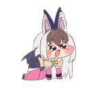  1girl animal_ears bat_ears bat_girl bat_wings brown_hair brown_long-eared_bat_(kemono_friends) commentary_request elbow_gloves extra_ears fingerless_gloves full_body gloves grey_hair highres kemono_friends kemono_friends_v_project korean_commentary leotard long_hair mayo3432 meme microphone multicolored_hair pantyhose shoes simple_background skirt solo speakiposting_(meme) streaked_hair trickcal virtual_youtuber wings 