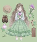  1girl bottle brown_hair commentary_request dress feet_out_of_frame flower frilled_socks frills gingham_clothes gingham_dress green_background green_dress hat highres holding holding_flower long_hair long_sleeves looking_at_viewer notepad nozawa_(nooo1709) original pen perfume_bottle pinafore_dress purple_flower shirt shoes sleeveless sleeveless_dress socks solo standing straight-on suitcase unworn_hat unworn_headwear unworn_shoes very_long_hair wavy_hair white_shirt white_socks 