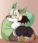  absurd_res accents anthro back bag bean bodily_fluids bottomwear brown casual chair clothing costume cream_(disambiguation) cum cum_on_face dark digital_media_(artwork) ears eeveelution element_discens eyes features female fluffy fur furniture furry generation_4_pokemon genital_fluids green hair hi_res highlights_(coloring) illustration invalid_background invalid_color invalid_tag leaf leafeon light line_art long nintendo pads_(disambiguation) palette pants paws plant pokemon pokemon_(species) pose posture reclining relaxing shaded shirt shoulder simple sitting sleeve solo tail the topwear type view visible warm white 