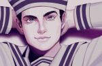  1boy arms_behind_head atalajoestar hat higashikata_josuke_(jojolion) jojo_no_kimyou_na_bouken jojolion josh_hutcherson_whistle_edit_(meme) lips looking_at_viewer meme nose purple_eyes purple_theme sailor sailor_hat smirk solo 