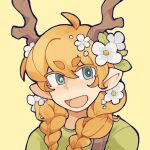  1girl :d ahoge animification antlers braid commentary flower geminitay green_eyes green_shirt hair_flower hair_ornament hashtag-only_commentary hermitcraft horns long_hair looking_at_viewer low_twin_braids minecraft_youtube orange_hair pointy_ears portrait shirt short_eyebrows simple_background smile solo star-shaped_pupils star_(symbol) symbol-shaped_pupils twin_braids white_flower yellow_background yuepcat 