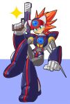  1boy armor axl_(mega_man) black_armor blue_background brown_hair chest_jewel closed_mouth commentary_request cross_scar finger_on_trigger forehead_jewel full_body g_nm_k green_eyes gun helmet holding holding_gun holding_weapon invisible_chair korean_commentary mega_man_(series) mega_man_x_(series) red_helmet scar scar_on_face simple_background sitting smile solo sparkle weapon white_background 