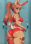  1girl adjusting_buruma adjusting_clothes animal_ears ass black_sclera breasts brown_eyes brown_hair buruma colored_sclera commentary english_commentary eyebrows_hidden_by_hair from_behind full_body furry furry_female gym_uniform hair_tie highres large_breasts light_blush locker locker_room long_hair looking_at_viewer looking_back open_mouth original ponytail rabbit_ears rabbit_girl rabbit_tail red_buruma red_sports_bra scarletknives-x solo sports_bra tail whiskers 