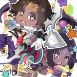  1boy brother_and_sister brown_eyes chibi chibi_only circlet commentary_request dark-skinned_female dark-skinned_male dark_skin feather_collar feather_trim fire_emblem fire_emblem_engage fogado_(fire_emblem) gold_circlet prince princess ryoto_soukyuu siblings star-shaped_pupils star_(symbol) symbol-shaped_pupils timerra_(fire_emblem) very_dark_skin 