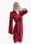  1boy alternate_costume androgynous blonde_hair closed_mouth collarbone commentary dated english_commentary exclusiverobert highres lies_of_p looking_to_the_side male_focus medium_hair pectoral_cleavage pectorals red_lips red_robe red_sash robe romeo_(lies_of_p) sash signature simple_background solo standing white_background 