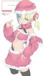  1girl absurdres aqua_hair bandeau black_thighhighs blonde_hair breasts canari_(pokemon) center-flap_bangs commentary_request criss-cross_straps crop_top cropped_legs detached_sleeves fur-trimmed_bandeau fur-trimmed_skirt fur-trimmed_sleeves fur_trim hat highres mask mask_around_neck mask_pull medium_breasts midriff mocamocaink mouth_mask multicolored_hair navel pokemon pokemon_legends:_z-a red_bandeau red_mask red_skirt red_sleeves santa_costume santa_hat short_twintails skirt solo split-color_hair thighhighs twintails white_trim 